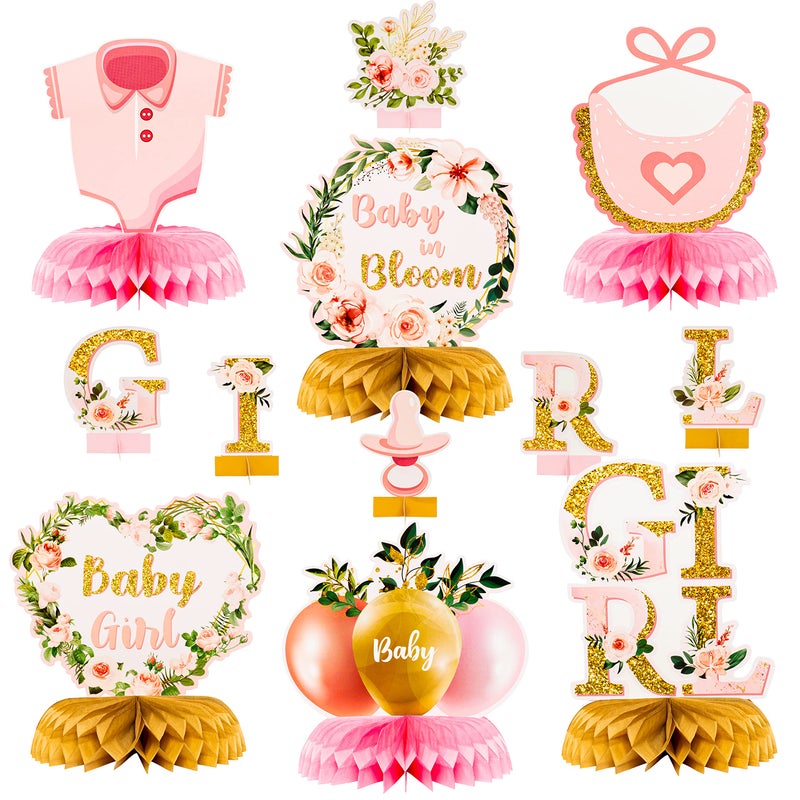 ANGOLIO 12Pcs Spring Floral Baby Shower Party Honeycomb Table Centerpiece Baby in Bloom Table Display with Letters Gender Reveal Decoration Arrangement Favor Block Holder for Girl Birthday - Image 1